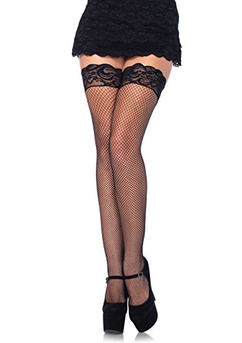 Leg Avenue Women's Fishnet Thigh High Stockings with Back Seam and Silicone Lace Top, Black, One Size