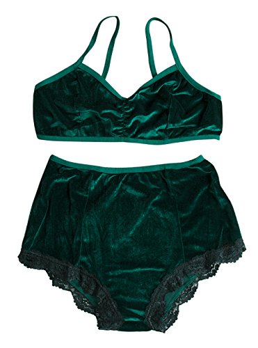 Women's Vintage 2 Pieces Velvet Bra & High Waist Lace Panties Lingerie Set (US 6-8/Tag Size L, Green)