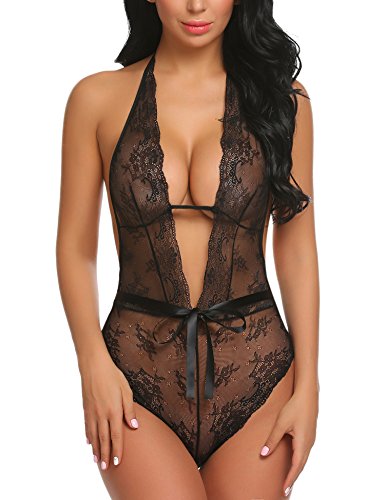 ADOME Lingerie Lace Badydoll One Piece Teddy Bodysuit Hater Chemise Features Plunging V Neckline