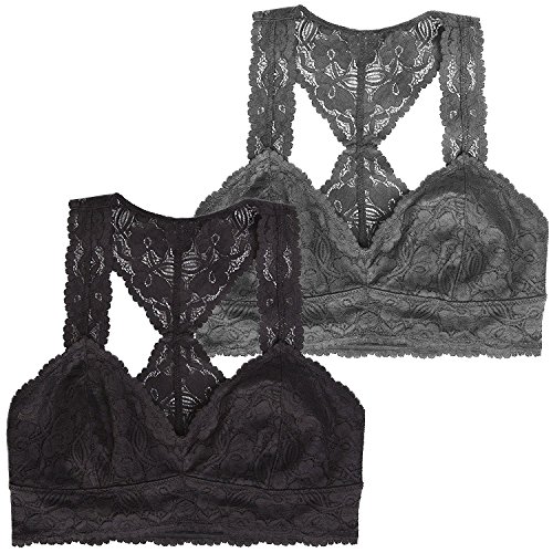 Felina Lingerie Women's Size Large 2-Pack Lace Bralette (Black/Grey),Large