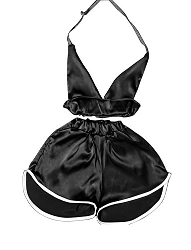 Sedrinuo Nightshirt Sexy Lingerie Silky Two Pieces Jumpsuit Outfits Black 6
