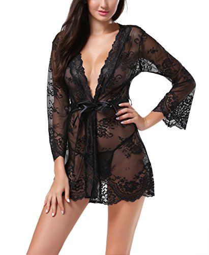 Etopstek Women‘s Lingerie Lace Short Robe Sexy Transparent Nightgown With G-String.