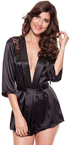 Amilia Sexy Bathrobe Classic Satin Kimono Robe Lace Elegant Bridal Lingerie (Medium, black)