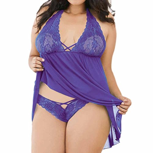 Longay Women Sexy Plus Size Lingerie Sets Lace Underwear Nightwear Sleepwear Jumpsuit (Purple, XXL)