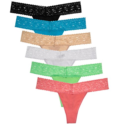 6 Pack Cotton Thong Underwear Lace Trim Soft Sexy Lingerie Panties For Women Set, Medium / 6-8, Multicolor