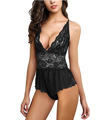 Edove Women's Sexy See-through Babydoll Lace Teddy Lingerie Open Crotch Pant Dress